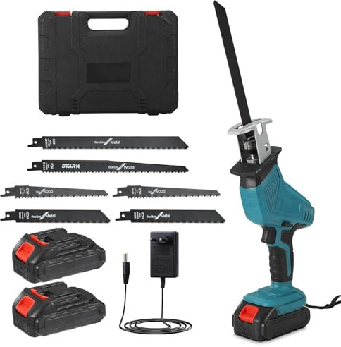 ADWOLT Sierra de vaivén de batería, sierra de batería de 21 V con 6 hojas y pilas de 2,0 Ah, velocidad variable 0-3000 rpm, sin herramientas para metal, madera, tubos de pvc