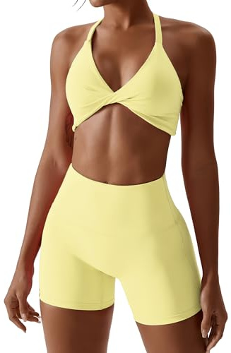 ABOCIW Conjuntos de entrenamiento para mujer, 2 piezas, brasier deportivo con cuello halter torcido, cintura alta, pantalones cortos, ejercicio, gimnasio, yoga, Amarillo, S
