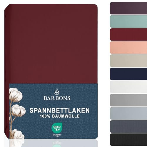 BARBONS Spannbettlaken 120x200cm - 100% Baumwolle Spannbetttuch Oeko-TEX Zertifiziert Bettlaken Jersey Bettwaren und Bettbezug für Boxspringbett und Dicke Matratzen bis 27 cm - Bordeaux 120 x 200