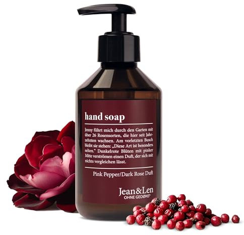 Jean & Len Savon pour les mains Pink Pepper & Dark Rose, nettoie les mains abîmées, convient pour un usage quotidien, savon liquide en distributeur à pompe, parfum sensuel, végétalien, 250 ml