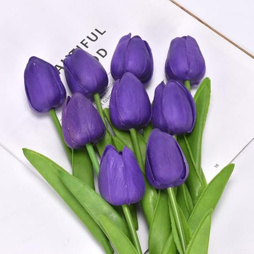 Lot de 2 bouquets de tulipes artificielles pour décoration de mariage et de maison, fleurs artificielles réalistes au toucher réaliste (violet foncé)