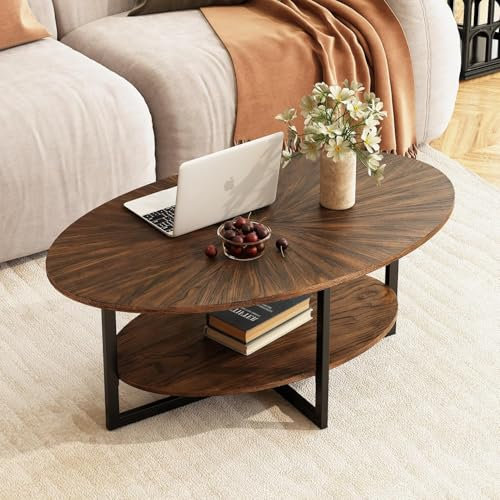PADMA HOUSE Couchtisch Oval Holz mit Tablett, 110 * 66 Modern wohnzimmertisch mit Kreuz Metall Beine, Kaffeetisch für Wohnzimmer Schlafzimmer