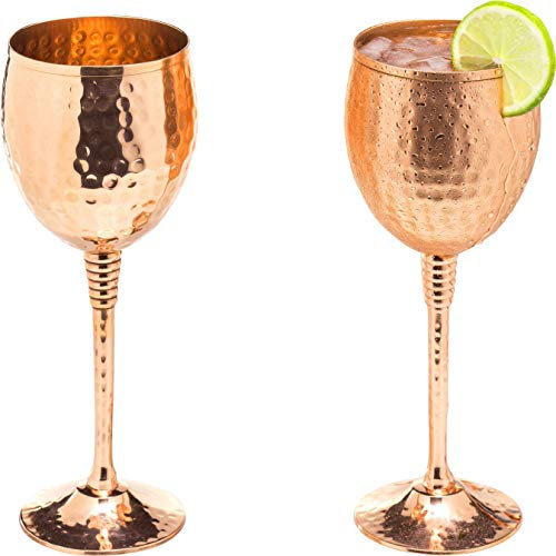 Kupfer Weingläser 2er Set – 325 ml gehämmerte Becher aus massivem Kupfer mit verkupferten Messingstielen – Geschenk für Männer & Frauen, ideal für Rot-/Weißwein & Moscow Mule
