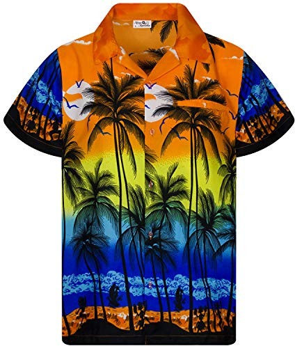 King Kameha Funky Hawaii-skjorta för män, kortärmad, framficka, Hawaii-tryck, strand, palmer, tryck, Orange, XXL
