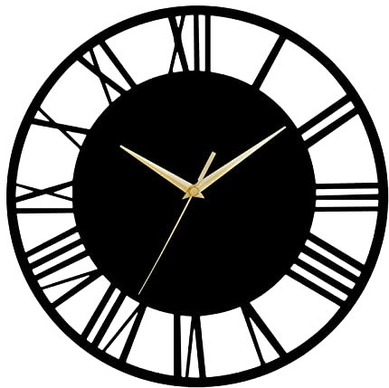 Warmiehomy Reloj de pared grande redondo de 30 cm, reloj de pared vintage con números romanos silencioso, sin tictac, para el hogar, jardín, oficina, restaurante, hotel, negro, puntero dorado