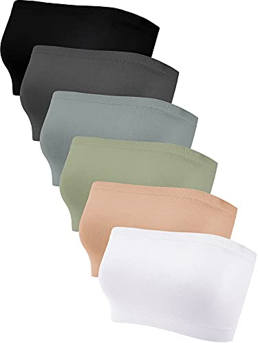 Geyoga 6 Pieces Strapless Bandeau Bras, Seamless Bralettes Stretchy Non Padded Tube Tops for Women(X-Large,Black, Beige, White, Gray, Charcoal Gray, Olive Green)