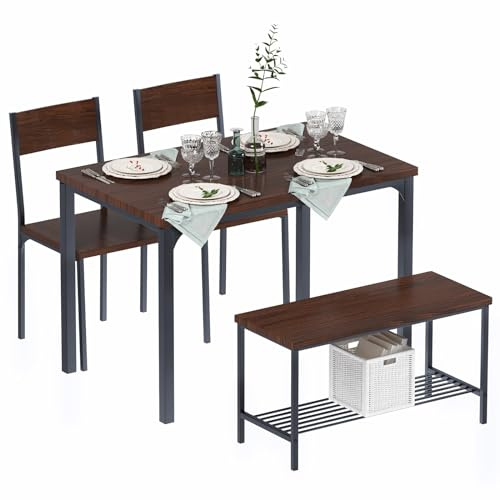 SogesHome Essgruppe Set 4 Stück Küche Esszimmer Tischsets für 4 Personen Moderner Holztisch mit 2 Stühlen und Einer Langen Bank Platzsparendes Tischset für Restaurant Coffee Shop