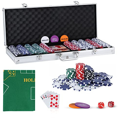 SILVER VALLEY Texas Holdem Poker Set, 500 Piece Set in Aluminium Case with 11.5g Heavyweight Chips, 1 double-sided reversible Flet Mat, 2 Decks Playing Cards, 5 Dice, Dealer, Big Small Blind Button