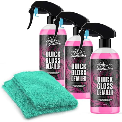 Quick Detailer Spray, Clay Lube and Wax For Car, Quick High Gloss Shine Finish, Great For Showroom Care and Cleaning - Pure Definition (3 x 500ml + Cloth)