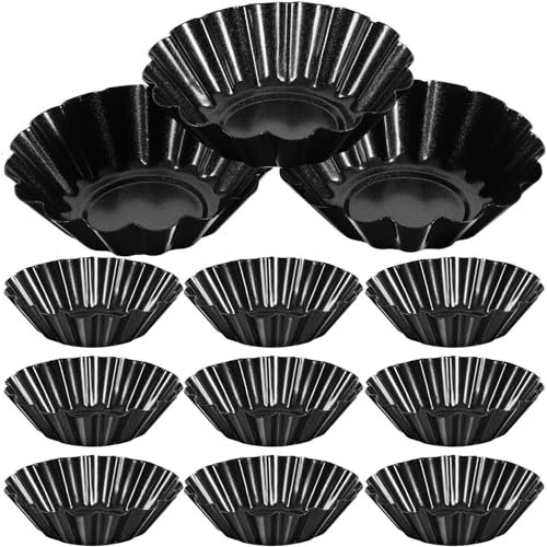 Ciieeo Carbon Steel Non-Stick Tart Pans, 12pcs Mini Egg Tart Molds, Reusable Muffin Baking Molds for Kitchen Cupcakes and Desserts, 2.95 Inch, Black