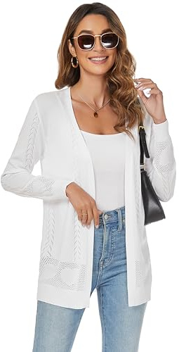 Famrrifuu Cardigan Donna Lungo Cotone Leggero Maniche Lunghe Giacca Elegante Estivo Cardigan in Maglia,Bianco,L