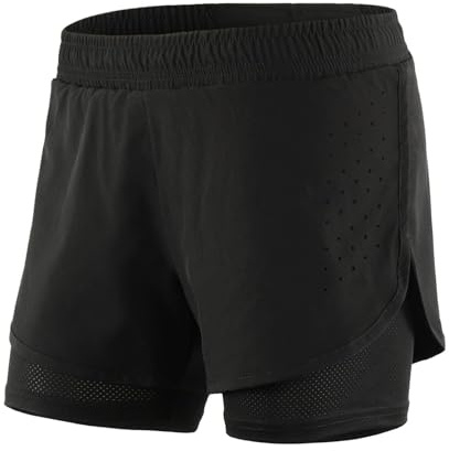 Mesing Short Sport Femme 2 en 1 Pantalon Running Course Court Été Lacets Respirant Short pour Fitness Workout Cyclisme Yoga ALDKB1005W-Black-M