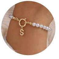TINGN Armbänder Mit Buchstaben Damen - Perlenarmband 18K Gold Gefüllte Buchstaben S Armband Initiale Charm Schmuck Hochzeitsgeschenk Brautjungfern Geschenke für Frauen Mädchen