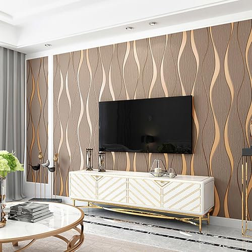 Beswitory Non-Woven Wallpaper Glitter Effect Textured 3D Flocking Embossed Wallpapers 53cm x 9.5m Wave Stripes Wall Paper Roll for Living Room Bedroom Brown