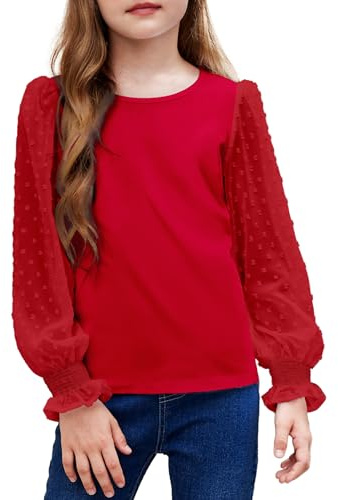 Arshiner Camisa de Manga Larga para niña con puños con Volantes y Lunares suizos, Jersey para niña, Linda Blusa con Cuello Redondo, Color Rojo, 120