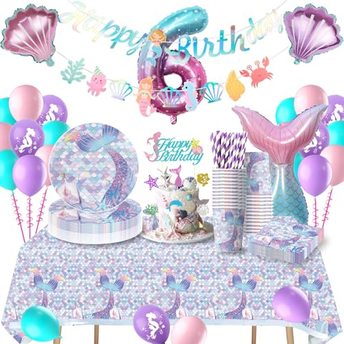 Födelsedagsdekoration Sjöjungfru 6 År, Födelsedagsdekorationer Flicka, Sjöjungfru Festservis Assiette 6 År, Ballong, Baby Shower, 16 Inbjudna