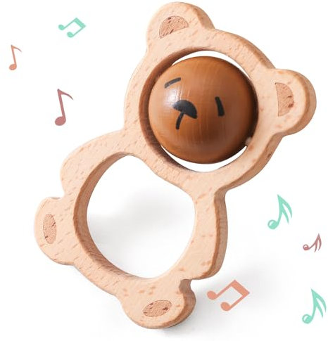 Youuys Babyrassel Baby Holz Rassel Baby mit Sound Handmade Rassel für Neugeborenes Baby Geschenk Junge und Mädchen Geschenk zur Geburt(Bär)