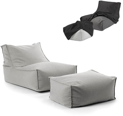 mokebo Outdoor Sitzsack und Pouf für Kinder & Erwachsene 'Der Sundowner', Bean Bag mit Füllung oder Bodenkissen für Indoor & Outdoor, auch als Liegekissen, Relaxliege mit Hocker in Lichtgrau