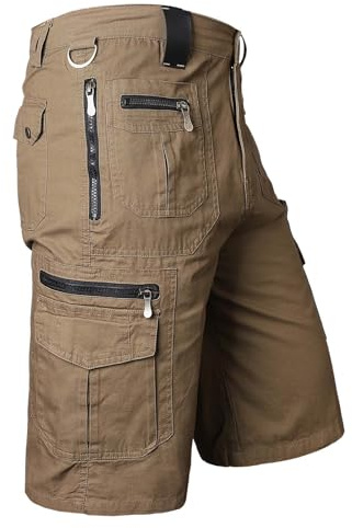 Fickor med flera blixtlås cargoshorts för män vandring knälånga shorts män avslappnad passform trendig militär under knät capribyxor utomhus träning strid herrkläder sommar lätt loungebyxor