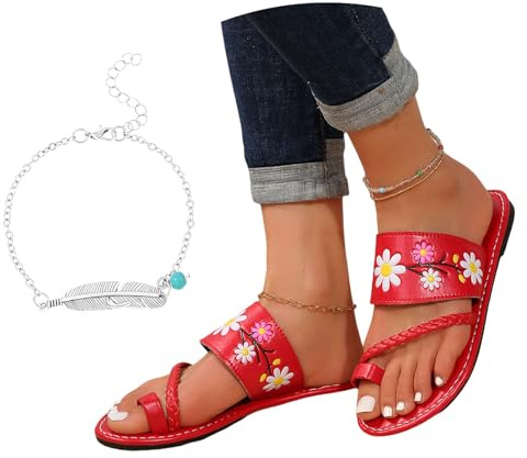 LDXEQIZ Sandales Orthopédiques À Séparateur D'orteils Tongs Plates Décontractées for Femmes avec Fleurs Sandales À Clip -Toe en Cuir PU Chaussons Légers Grande Taille for Vacances/Plage