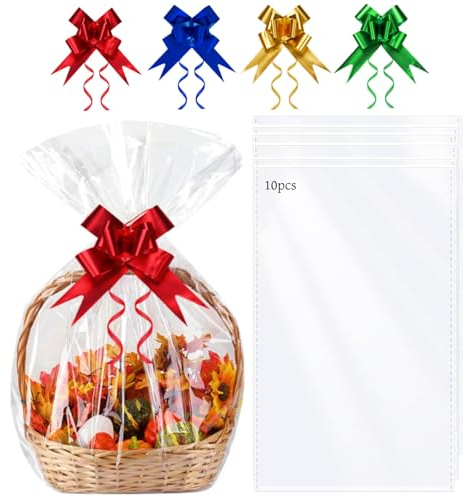 GOTRUST 10pcs Bolsas de Celofan Transparente Grandes, 70x100cm Bolsa Grande Celofan, Bolsas de Celofán para Regalos con Lazos para Cestas, Flores, Manualidades y Ramos de Navidad