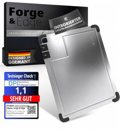 FORGE & EDGE Schneidebrett Edelstahl mit Messerschärfer 38x28cm