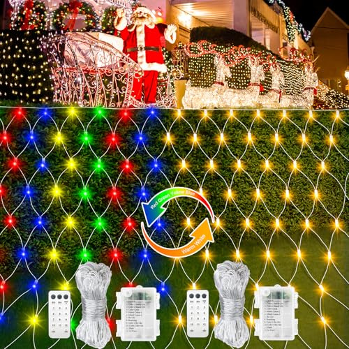 2 Pack Battery Operated Christmas Net Lights, 1.5m x 1.5m 100 LED Color Changing Fairy Lights with Remote Timer Clear Cable Mesh Light for Christmas Tree Garden Backyard Décor(Warm White & Multicolor)