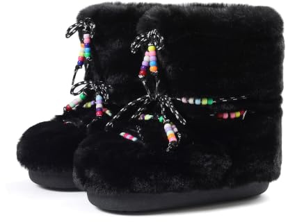 North Oak Women Snow Boots Faux Fur Mid Calf Boots Lace-up Fluffy Fuzzy Warm Comfortable Non-slip Round Toe Winter Flats Shoes