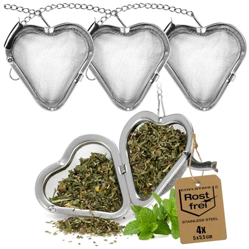 Robin Goods® 4x Filtro da Tè in Acciaio Inox - Sfera a Cuore Ø 5,5 cm - Setaccio per Tè, Erbe & Spezie con Catena - Maglia Fine Facile da Pulire