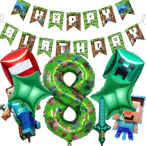 Niaetuto 11PCS Decoration Anniversaire,Dessin Animé Jeu Ballons de Baudruche,Ballons Anniversaire,Deco Anniversaires avce Bannière,,Décoration Kit AnniversaireS