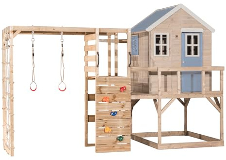Wendi Toys casetta con parete da arrampicata, rete da arrampicata e barre ginniche, torre gioco in legno FSC 197×356×242 cm, con scala e monkey bar, blu - M21PB-G