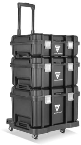 STAHLWERK Werkzeugtrolley mit drei Boxen – mobiler Werkzeugkoffer-Trolley mit Teleskopgriff, Metallverschlüssen und großem Stauraum, flexibles Aufbewahrungssystem für Werkstatt, Garage und Montage