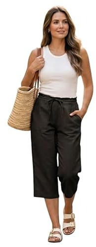 Womens Linen 3/4 Trousers Ladies Cropped Capri Pants Elastic Waist Drawstring Summer Casual Lightweight Holiday Beach Trousers Pockets Black 18