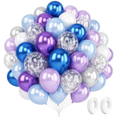 Catelves Globos azules y morados, 60 unidades, juego de globos de invierno de 30,5 cm con confeti de copos de nieve, globos de látex de helio metálico para cumpleaños, niñas, fiesta de invierno