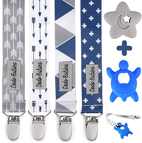 Dodo Babies Pacifier Clip & Teether Toy Set - Universal Pacifier Holder Loop - Silicone Teethers for Baby Teething Toys - 6 Piece Set, Blue & Gray