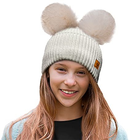 4sold Rita Barnmössa för vintern, stil beanie, stickad mössa med pälstofs, toppluva, huvudbonad, skidåkning, snowboard, En Storlek