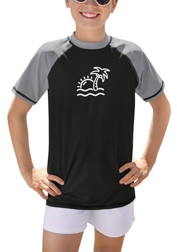 BesserBay Kinder UPF 50+ Rundhals Badeshirt Schwarz UV-Shutz Bademode UV Shirt Swimsuit Rashguard 130