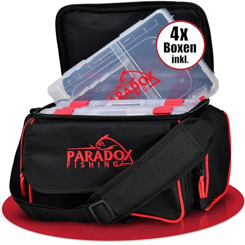 Paradox Fishing Bolsa de pesca con cajas, incluye 4 cajas, mochila de pesca, maletín de pesca, mucho espacio para cebo y accesorios de pesca