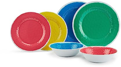 Waterside - 12pc Colour Mix & Match Outdoor, Picnic, Camping, BBQ, Party, Melamine (Strong Plastic) Dining Set