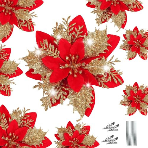 WUBAYI 12Pcs Christmas Tree Flowers Decor with 12 Stems & Clips, Christmas Glitter Artificial Poinsettia Flowers for Xmas Tree Wedding New Year Xmas Garland Wreath Decoration(Gold Red)