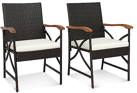 LIFEZEAL 2er Set Gartenstühle mit Kissen, Terrassenstühle aus Rattan, Outdoor Rattan Stuhl mit Armlehnen aus Akazienholz, Gartensessel für Terrasse, Balkon, Schwarz (X-Muster, Schwarz+Braun)