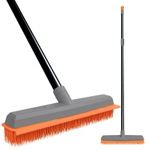 TreeLen Gummibesen Teppichrechen Tierhaarentferner Besen mit Abzieher Verlängerungs-Schiebebesen für Teppich, Hartholzböden, Fliesen und Fensterreinigung, Orange