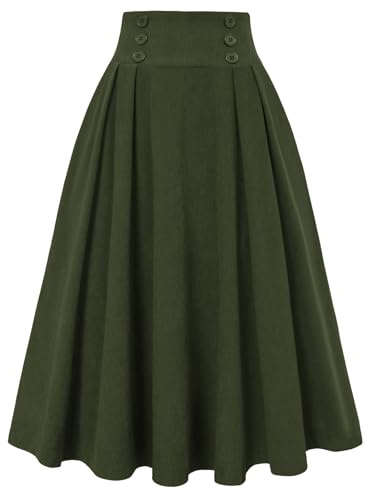 Belle Poque Women's Corduroy Skirt A-Line Midi Pleated Skirts with Pockets | High Waist, Elasticated Back,Decorative Double‑row Buttons,Soft Warm Fabric For Autumn Winter