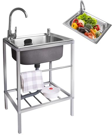 Lavello di Servizio Indipendente Acciaio Inossidabile,Lavandino Vasca Singola,Lavello Cucin con Rubinetto,Lavello da Pranzo Mobile Commerciale,Per Ristorante,Cucina,Lavanderia,Bar,Garage(20.8x15.7x29.