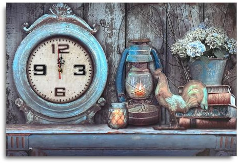 LEDSone 60 x 40 cm Orologio da parete rettangolare nautico orologio da parete con statuetta di gallo con lanterna Tela decorativa Vaso da parete dipinto con orologio, facile da leggere, orologio da