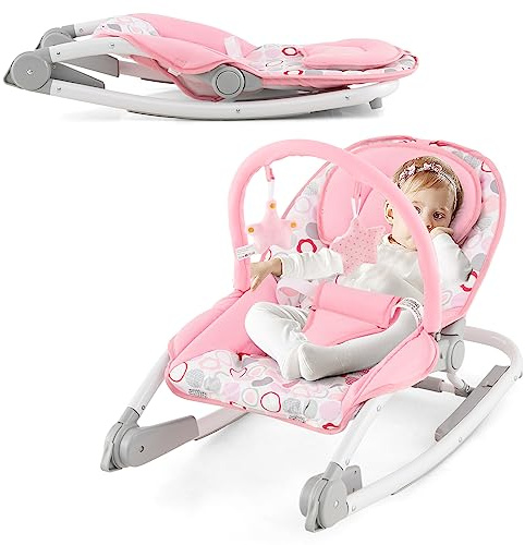 COSTWAY 2 in 1 Babywippe klappbar, tragbare Babyschaukel mit 3-stufig verstellbarer Rückenlehne & abnehmbarem Spielbogen, Babywippe mit Sicherheitsgurt, Babywiege bis 9 kg belastbar (Rosa)