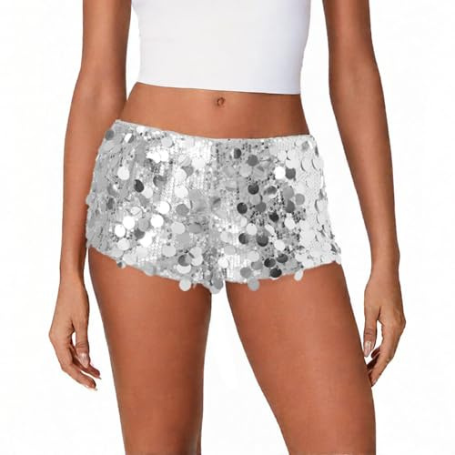ensswliz Women's Sequins Low Waist Elastic Sparkly Party Shorts Summer Glitter Hot Shorts Beach Club Streetwear (A-Gray, M)