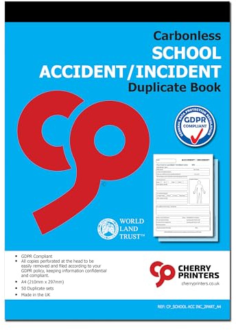 Cherry School Accident/Incident Book A4 | 50 Carbonless Duplicate Sets | 2-Part Report Forms | GDPR Compliant First Aid Record | Both Copies Perforated | Made in UK
