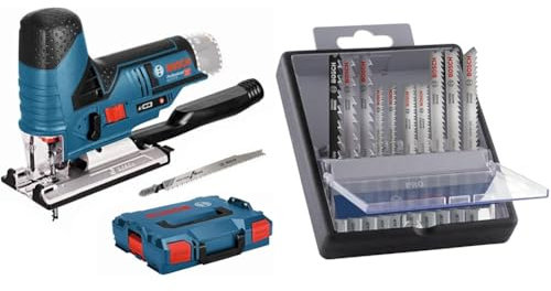 Bosch Professional 12V System Akku Stichsäge GST 12V-70 (inkl. 2x Sägeblatt, ohne Akku/Ladegerät) + 10x PRO Hardwood and Laminate Stichsägeblatt-Set (für Hartholz, Parkett, Länge 83 mm, Zubehör)