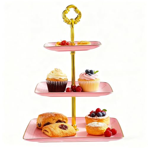 Allbusky 3-Tier Cake Stand Cupcake Holder, Pastry Tiered Serving Tray, Dessert Plates Cakes Fruit Cookie Candy Display Tower Serving Platter for Christmas Wedding Birthday Baby Shower, Pink